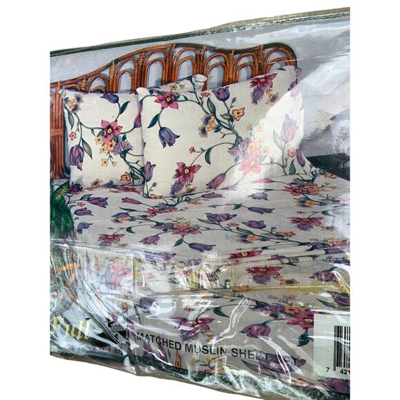 Vintage 70s 80s Camelot Full Muslin 4 Piece Floral Sheet Set Cottagecore NOS - Picture 1 of 5